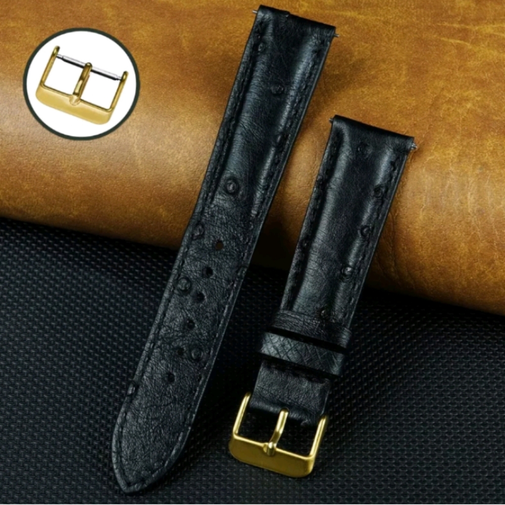 Ostrich Skin Leather Watch Band Padded Black Gold Buckle Size 22mm